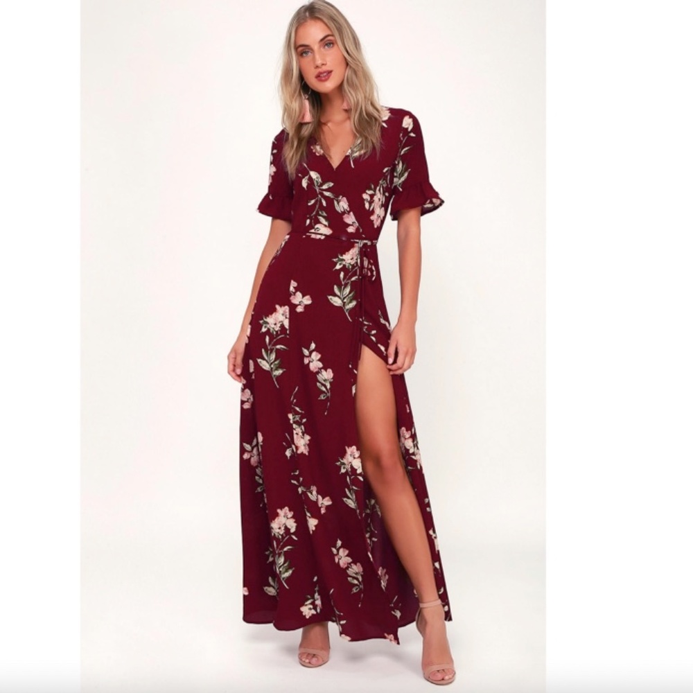 September Sunsets Burgundy Floral Print Wrap Maxi Dress